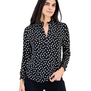 Anne Klein Dot Print Ruffled Neck Smocked Cuff Blouse Black Polka Dot Size M